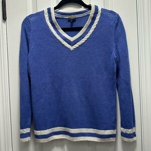 Talbots Petite 100% Linen Tipped V-Neck Varsity Sweater in Blue